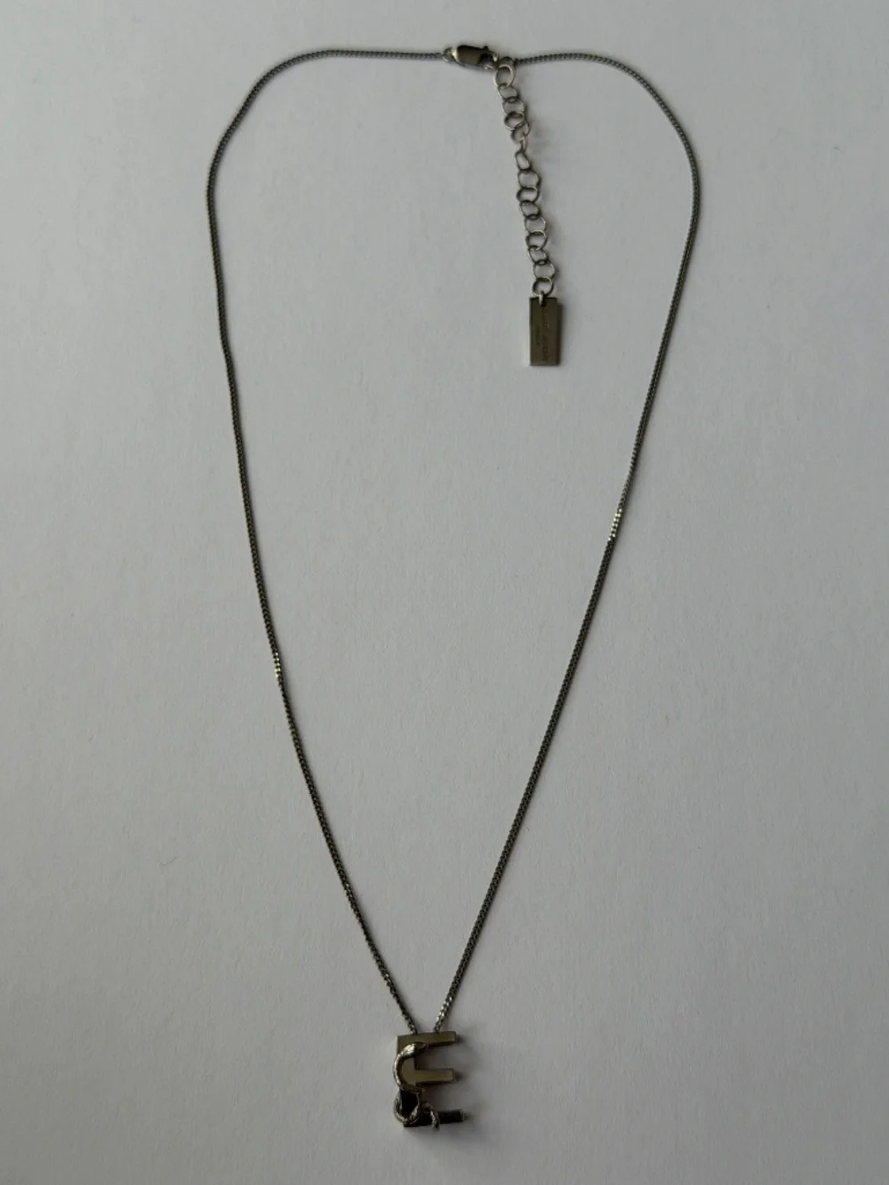 Saint Laurent YSL Sterling Silver E Initial Letter Snake Pendant Chain Necklace